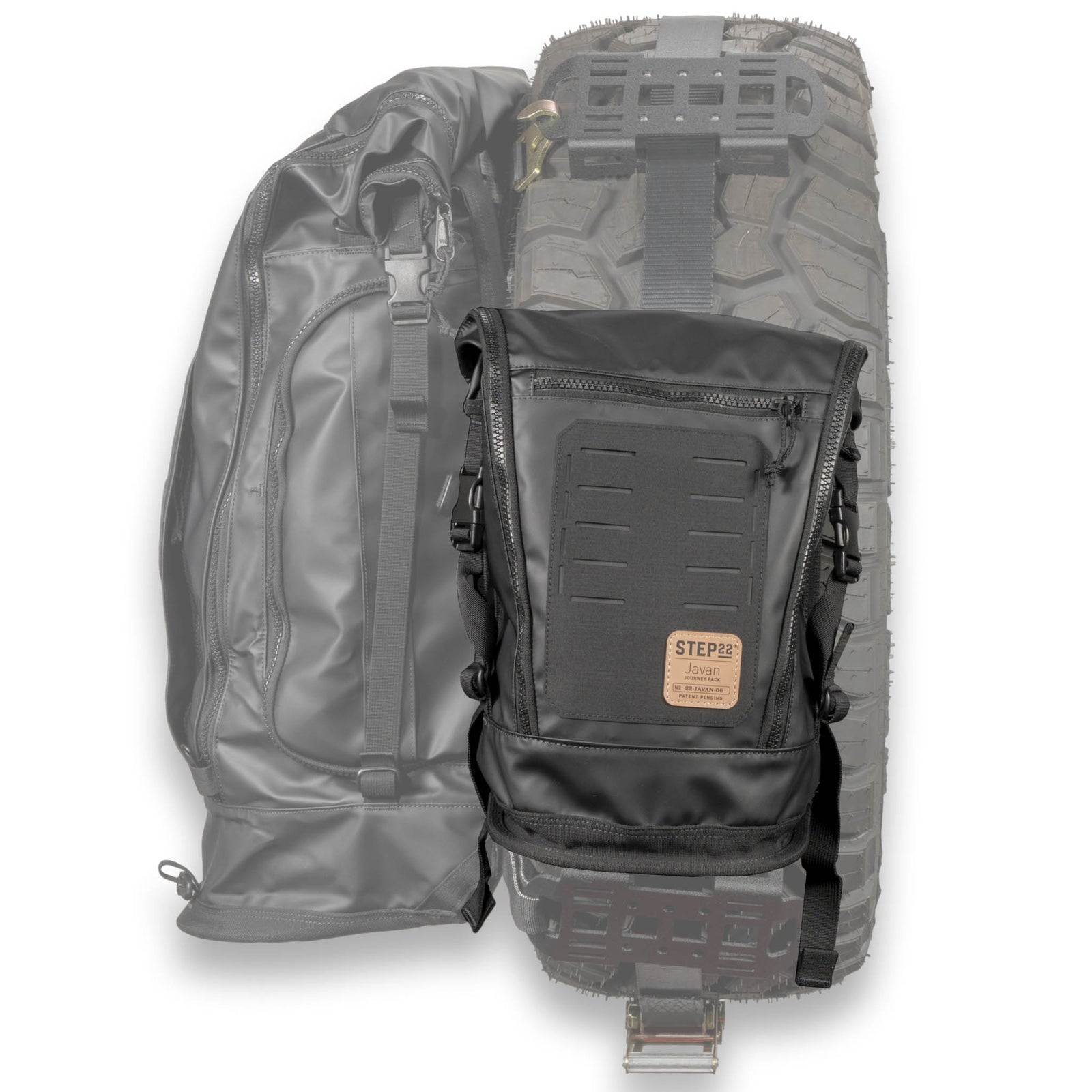 Javan Journey Pack front view mounted on spare tire