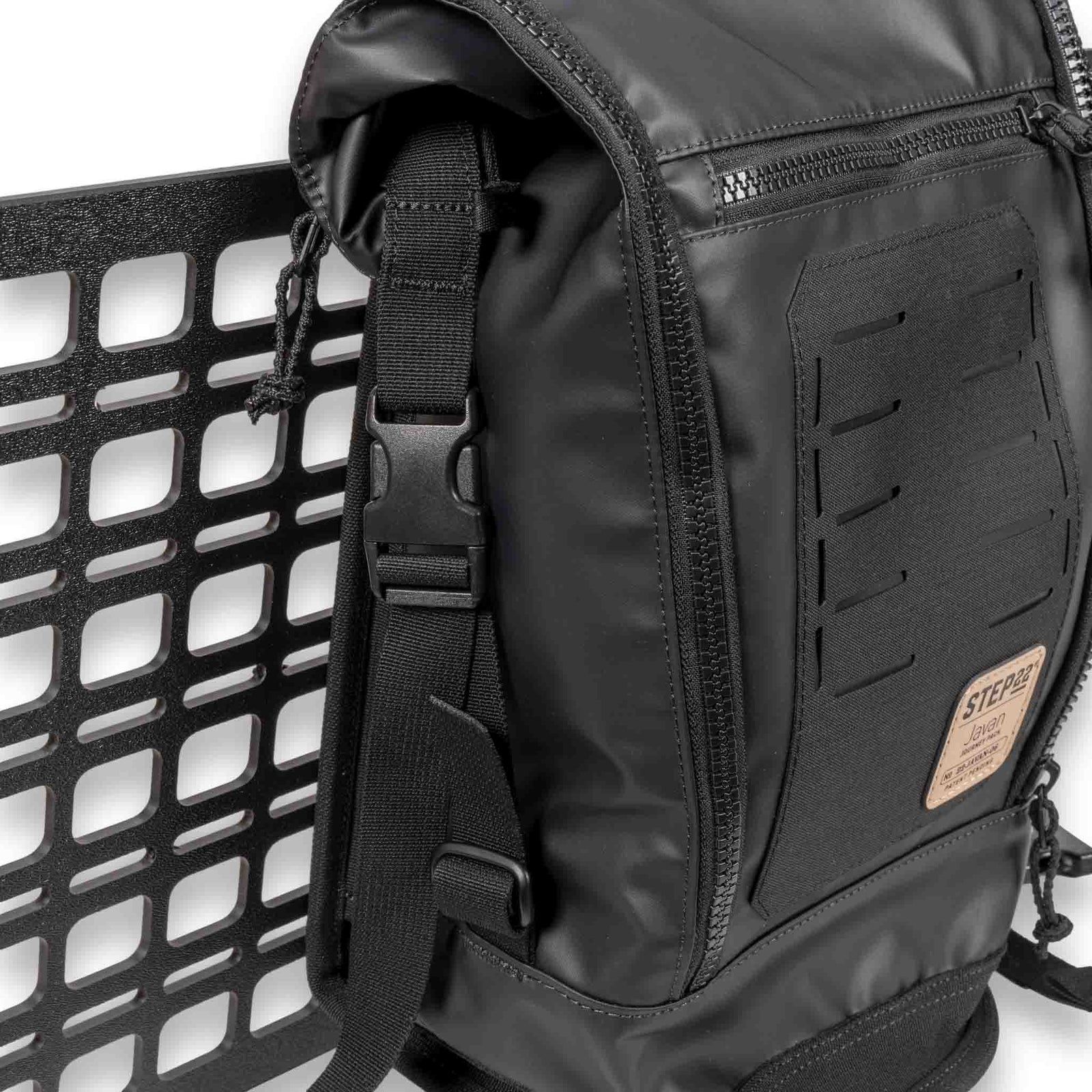 Close-up of Javan Journey Pack zippers and front pocket