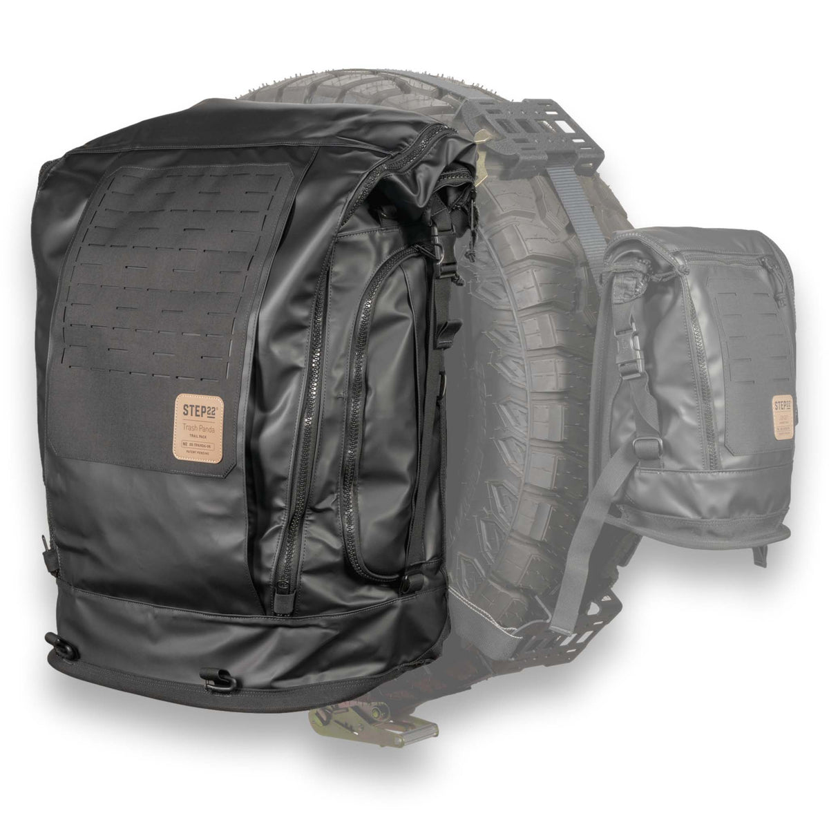 Trash Panda Trail Pack hanging on spare tire ready for trail use
