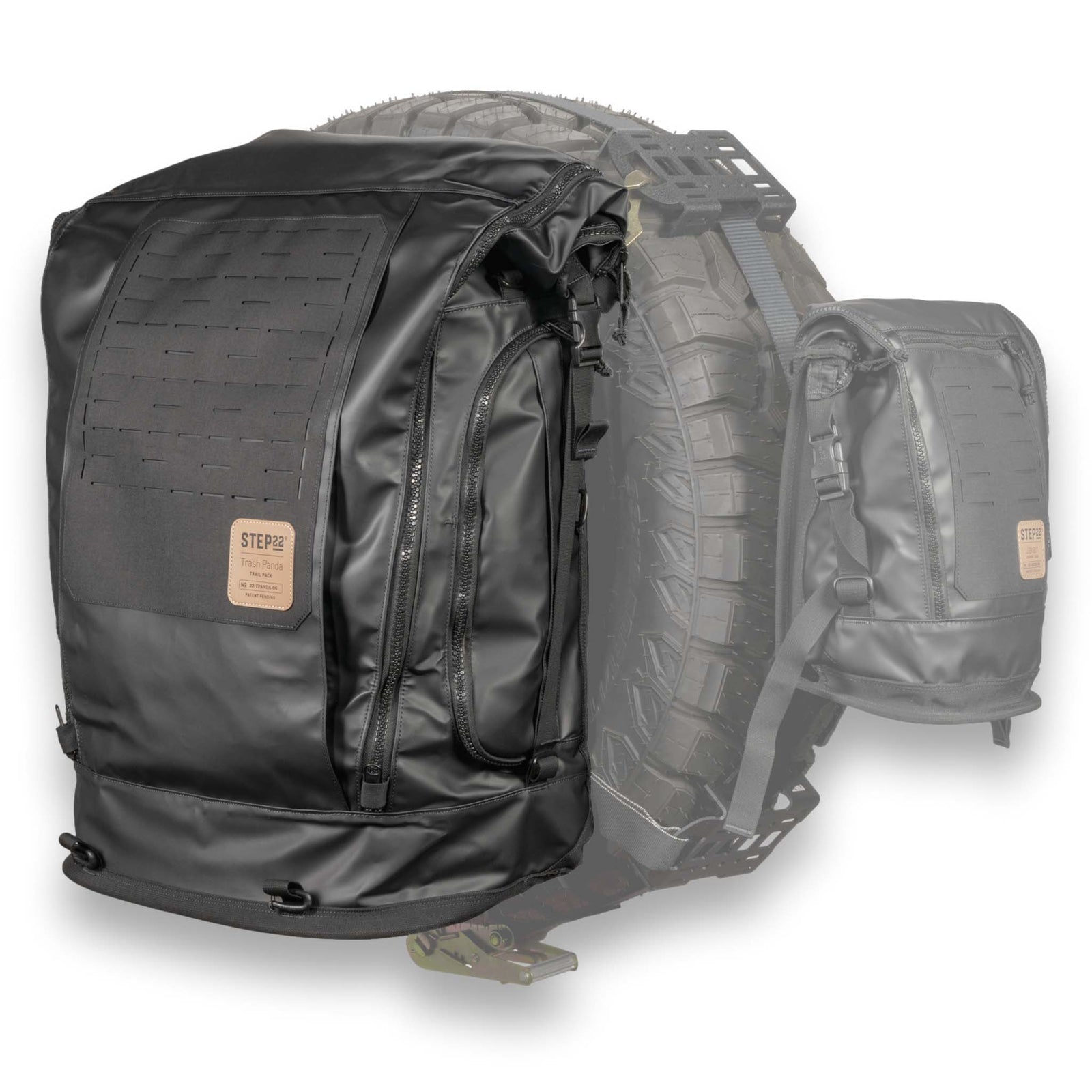Trash Panda Trail Pack hanging on spare tire ready for trail use