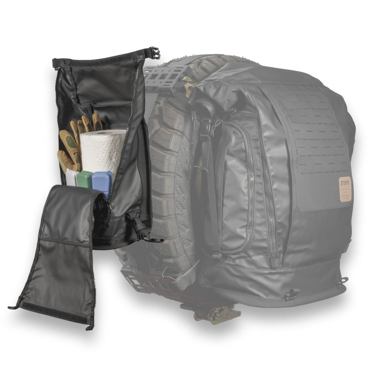 Javan Journey Pack attached to Tire Mounting System on vehicle