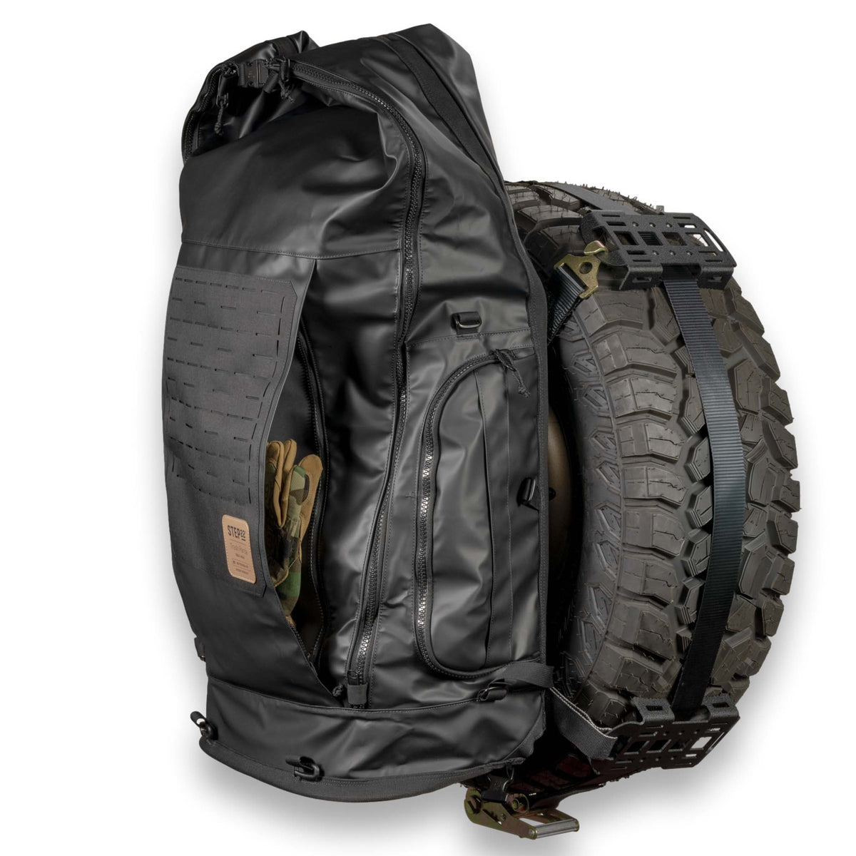 STEP 22 Trash Panda Trail Pack mounted on spare tire